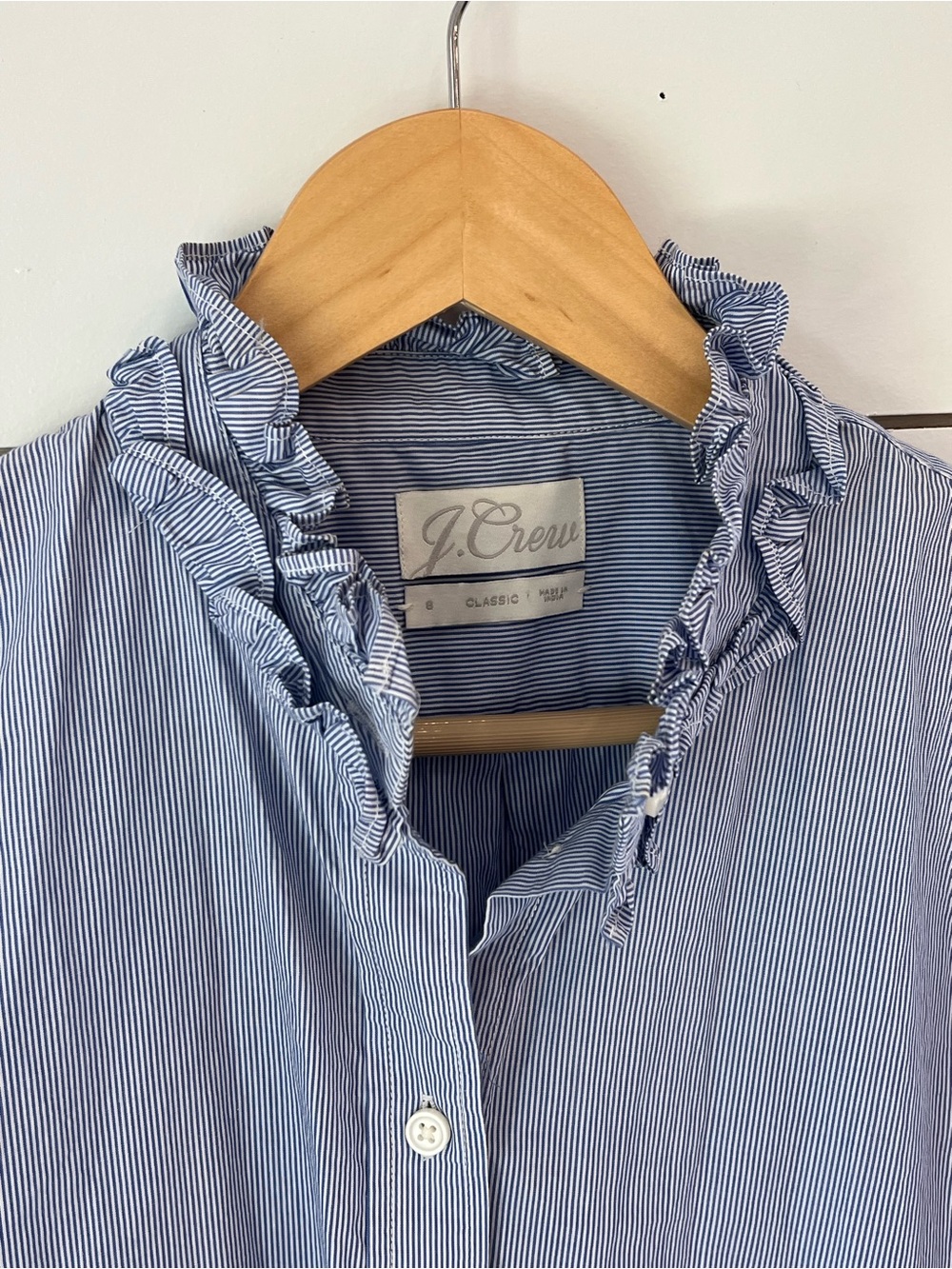 J. Crew Light Blue Striped Ruffle-Collar Button-Up Blouse